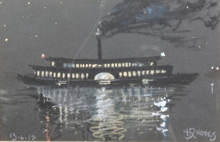 B Rhodes, 13.6.12, mixed media, a study of a steam paddle boat at night 5 1/2" x 8 1/2" 