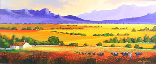 Johan Manefeldt '07, acrylic on board, a South African landscape with figures and cattle, signed and dated 14" x 35" 