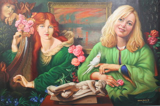 Malcolm Morris '98, oil on canvas , after Rossetti and Monet 1872-73, an interior study of pre-raphaelite figures before a Monet landscape,  signed and inscribed 35" x 53" 