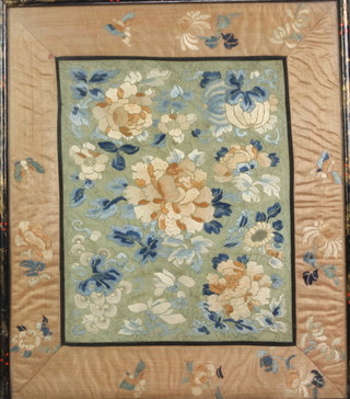 A pair of framed Chinese silk embroideries in lacquered frames 15" x 30" 