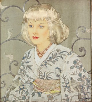 Mary Ireland, a silk embroidery of a young lady in a Kimono, framed 13" x 11" 