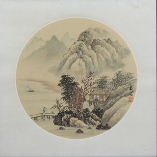 A circular Chinese watercolour of a rural landscape 9 1/2" framed