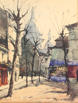 20th Century watercolours, Parisian street scenes, indistinctly signed 14" x 11" and 8 1/2" x 10 1/2" 