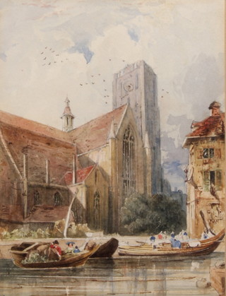 E R, watercolour, a Continental town scene with figures in boats, monogrammed inscribed on reverse 5 1/2" x 4 1/4" 