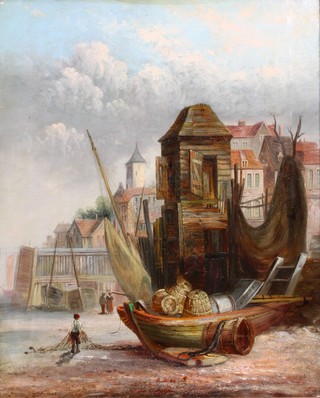 Eugene Isabey 1845, oil on canvas, a Continental townscape with moored fishing boats and figures, signed and dated 20 1/2" x 16 1/2" 