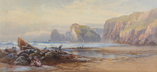 John Mogford 1864, watercolour, a Cornish beach scene with children and distant boats, signed and dated 11" x 24" 