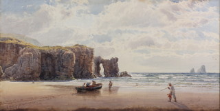 John Mogford, watercolour, a Cornish coastal scene with fisherboat and fishermen, signed 13" x 25" 