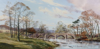 Barnfather, oil on canvas, a rural study with sheep beside a river, signed 14 1/2" x 29" 