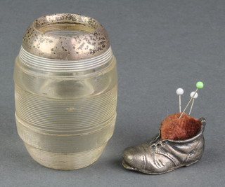 An Edwardian silver and glass match striker Birmingham 1900 and a plated 925 novelty pin cushion in the form of a shoe 