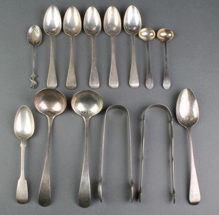 Georgian silver sugar nips, tea and minor spoons etc, 340 grams