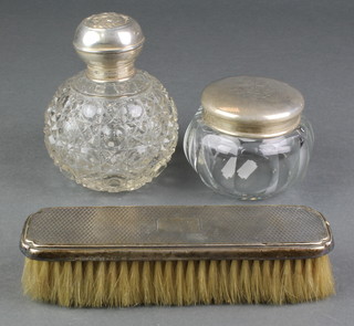 A silver mounted bulbous scent with Reynolds Angels lid, a silver mounted jar and a brush 
