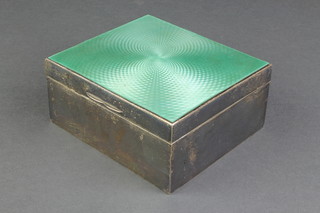 A silver and green guilloche enamel square trinket box, Birmingham 1927 4 1/2" 