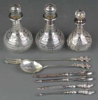 4 silver manicure items, a spoon, fork and 3 scent bottles