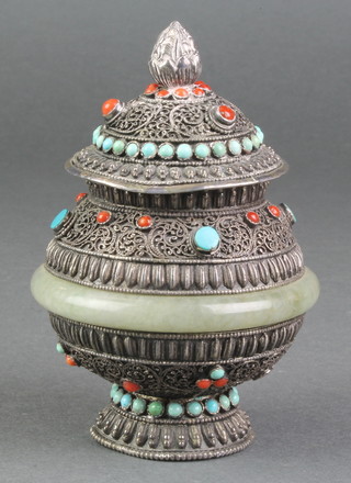 A far Eastern silver hardstone set bulbous vase and cover 