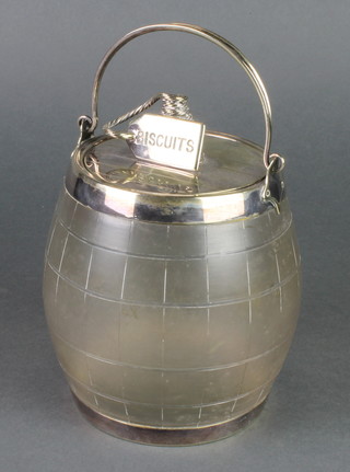 An Edwardian frosted glass and silver plated mounted biscuit barrel