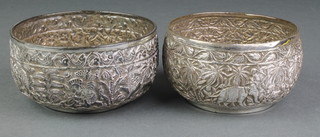 2 Indian silver plated on copper bowls decorated with animals 4" 