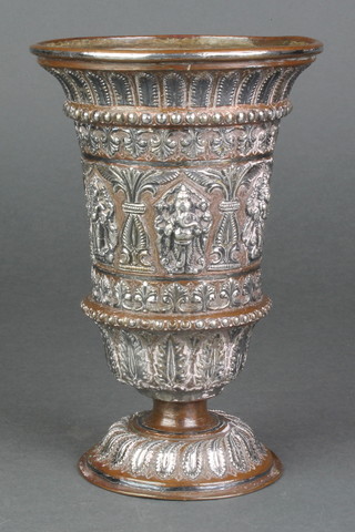 A late 19th Century Indian silver plated on copper pedestal vase decorated with deities and formal leaf motifs 6 1/2" 