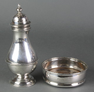 An Edwardian silver baluster shaker London 1910 144 grams and  a silver coaster 