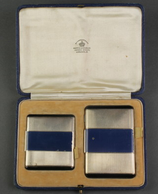 An Art Deco silver and enamelled cigarette case and compact in a fitted Mappin & Webb case 