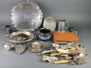 An Edwardian silver plated salver with Chippendale rim and a quantity of plated items 