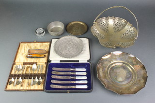 2 silver plated cased sets, a silver mounted salt and minor items 