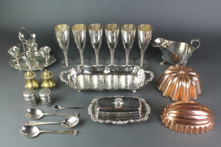 A silver plated sauce boat and minor plated items 
