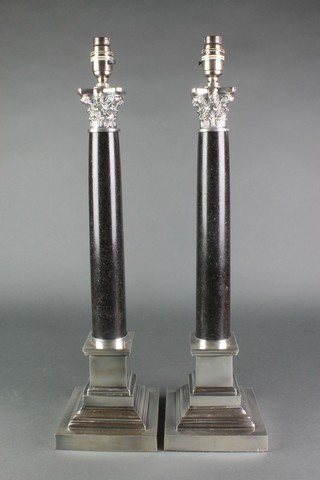 A pair of silver plated and hardstone Corinthian column table lamps with stepped bases 20" 