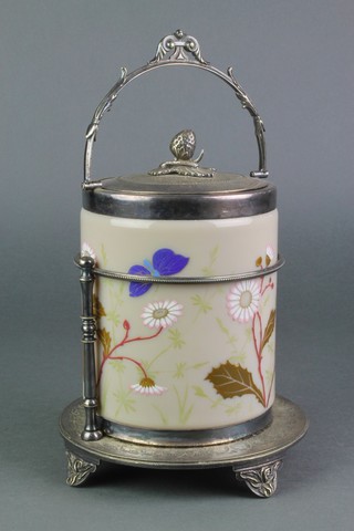 An Edwardian painted glass biscuit barrel with plated mount and stand