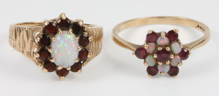 2 9ct gold opal and gem set cluster rings, sizes P and T 1/2
