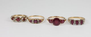 4 9ct yellow gold ruby and diamond set rings, sizes K, O, Q and R