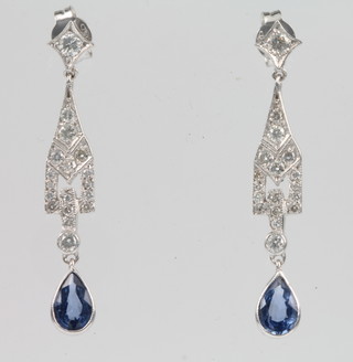 A pair of 18ct white gold Edwardian style sapphire and diamond drop earrings 
