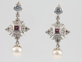 A pair of gem set and cultured pearl drop earrings 