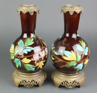 A pair of Victorian baluster vase gilt metal mounted table lamps with floral decoration 12" 