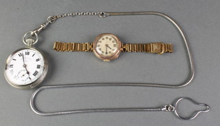 A lady's 9ct gold cased wristwatch, a chromium plated pocket watch 