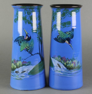 A pair of Torquay pottery tapered vases decorated with King Fishers 10" 
