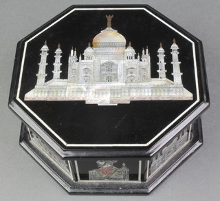 An Indian octagonal hardstone and mother of pearl inlaid trinket box 