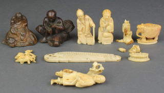 2 Japanese ivory Okimonos, minor carved items and 2 soft metal figure groups 