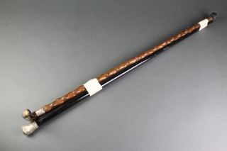 A silver mounted ebonised walking cane and a walking stick 