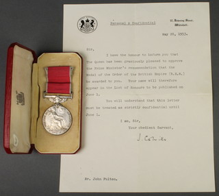 A British Empire medal to John Fulton, cased together related correspondence from Buckingham Palace and 10 Downing Street, other associated paperwork and press cuttings and a framed Humane Society award 