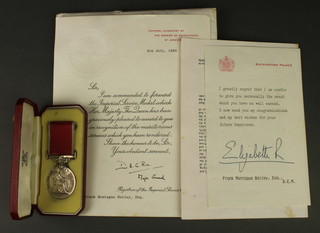 A British Empire medal to Frank Montague Bailey, cased, together with presentation certificate, a signed letter from Buckingham Palace, 1 other from the Secretary of the Admiralty, 2 invitations to the presentation 