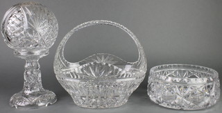 A cut glass table lamp and shade 14", a ditto basket and fruit bowl  