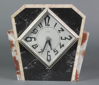 An Art Deco 8 day timepiece with diamond shaped silvered dial and Arabic numerals contained in a 2 colour marble case 