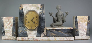 La Page of Le Havre, a French Art Deco 8 day  3 piece clock garniture, the mantel clock contained in a 2 colour marble case decorated a spelter figure of a kneeling lady with bird together with 2 side pieces 
