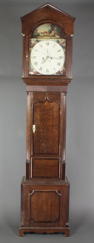 An 18th Century 8 day striking longcase clock, the 14 1/2" arched dial painted rural romantic scenes and resting farmer with minute indicator, subsidiary second hand, contained in an oak case 91 1/2"h 