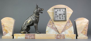 An Art Deco French 8 day striking 3 piece clock garniture, the mantel clock with square silvered dial and Arabic numerals supported by a figure of a seated Alsatian having 2 wedge shaped marble side pieces 