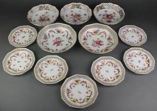 5 Continental floral decorated ribbon dishes and 7 ditto plates