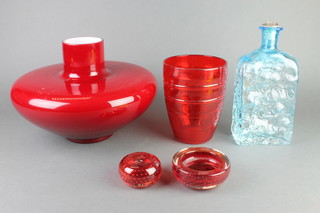 A stylish Studio red glass squat vase 13", a ribbed ditto, an ashtray, paperweight and turquoise decanter