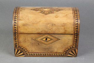 A 19th Century dome shaped inlaid mahogany twin compartment tea caddy with hinged lid 5"h x 8"w x 5"d 