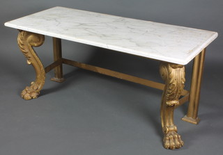 A carved painted giltwood rectangular console table with white veined marble top, raised on scroll and paw supports 25"h x 54"w x 23"d 