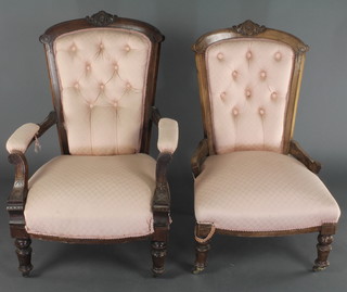 A Victorian mahogany open arm chair upholstered in buttoned pink material together with a similar nursing chair